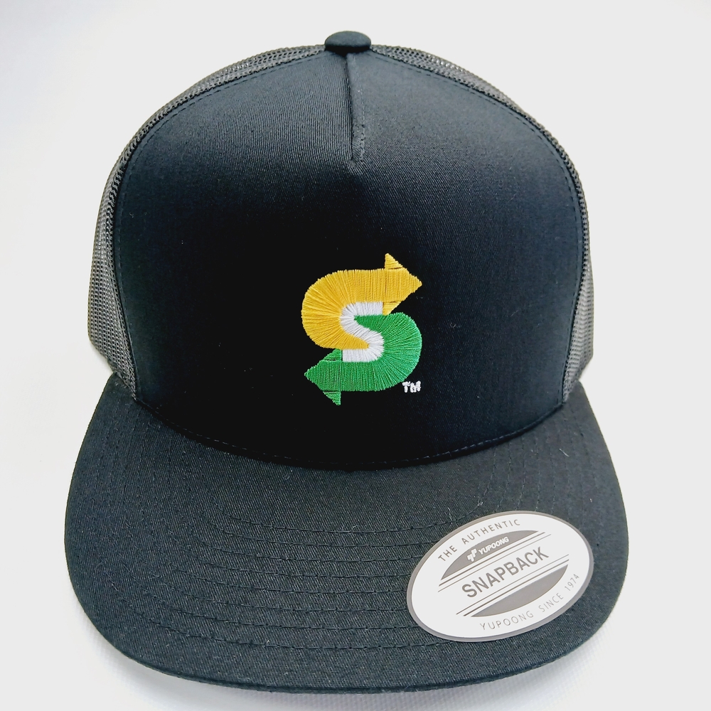 Black Yupoong Flat Bill Snapback Hat With Subway Logo Hat Cap